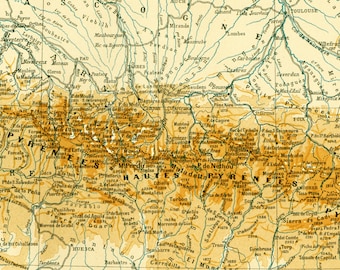 1897 Old map of Pyrenees, Pyrenees Map Antique Print, Vintage Poster French Larousse, 115 Years Old History Decor  Wall Art