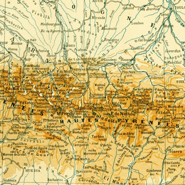 1897 Old map of Pyrenees, Pyrenees Map Antique Print, Vintage Poster French Larousse, 115 Years Old History Decor  Wall Art