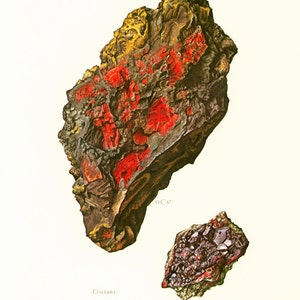 1970 Cinnabar Mercury Red Crystals . Vintage Geology Prints. Vermillion Rocks Gemstone Minerals  Framing home decor