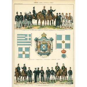 1897 Drapeau Grèce Armée Uniforme militaire Grèce continentale et Iles grecques Planche Originale Nouveau Larousse illustré