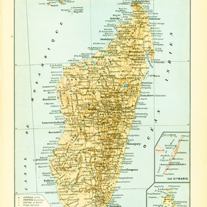 1897 Carte de Madagascar Afrique Ocean Indien illustration Originale Larousse grand format