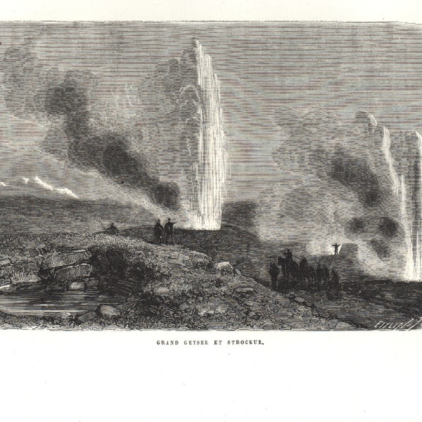 1881 Antique Iceland Geyser Print - Strokkur Fountain Geyser - Science Wall Art - Geological Art Print