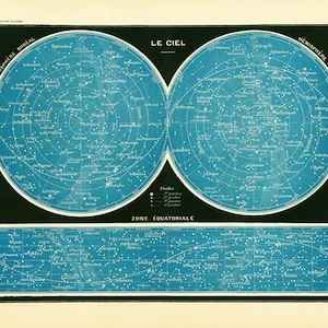 1897 Astronomie Carte Constellations. Carte du ciel. Planisphère Celeste. Equateur. Voûte Celeste. Astrologie.