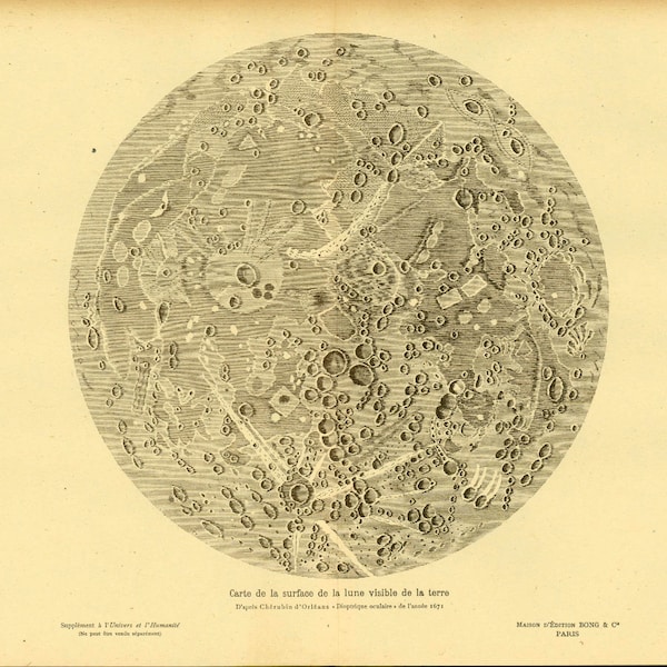 Mapa de la Luna de 1908. Ilustración antigua. Lámina original. Astronomía.