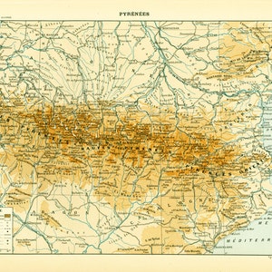 1897 Pyrénées Carte Grand format, Planche Originale Larousse, Illustration 115 ans d'âge, France Espagne Montagnes