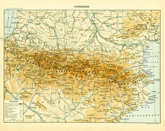 Mappa di grande formato dei Pirenei del 1897, tavola Larousse originale, illustrazione di 115 anni, montagne di Francia Spagna