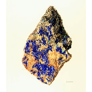 May include: A close-up of a rough, brown rock with blue and green crystals. The rock is labeled "Linarite".