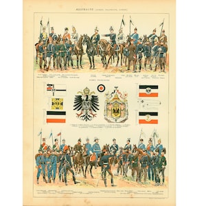 Império Alemão de 1897, formato grande, prato Larousse original, ilustração de 115 anos, exército prussiano