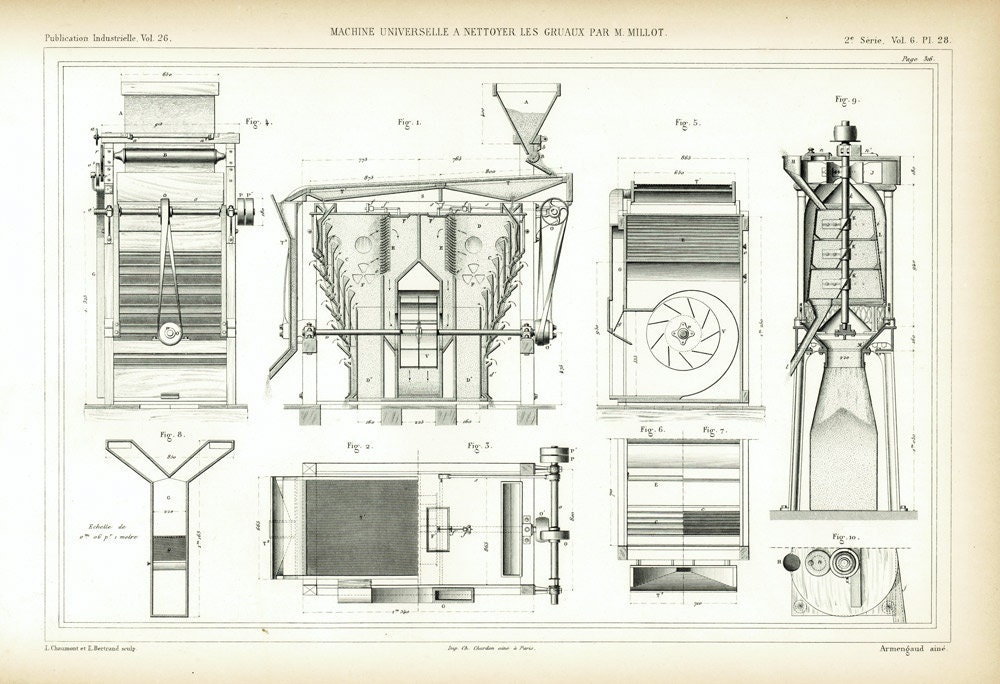 1855 Minoterie Moulin à Blé Farine Céréales Gravure Ancienne Brevet Publication Industrielle Techniq