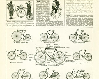 1897 Vintage Bike print. Antique Cycle illustration Original Larousse print 115 YEARS OLD