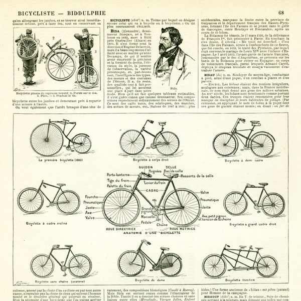 1897 Vintage Bike print. Antique Cycle illustration Original Larousse print 115 YEARS OLD