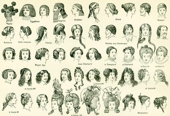 1897 Coiffures, Cheveux, Histoire de la coiffure, Mode, Planche originale, Larousse Illustration Grand Format, 19ème siècle