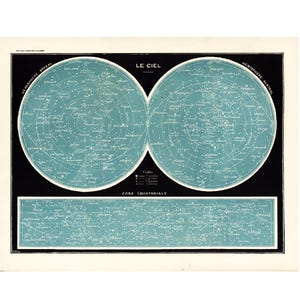 1897 Vintage Sky Map. Constellation. Southern  Hemisphere. Celestial equator. Zodiac Signs. Northern Celestial Hemisphere