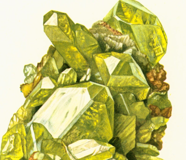 1970 Greenish Yellow Brazilianite Crystals Print. Minerals Wall Art. Vintage geology Illustration. SCI ART Print. image 3