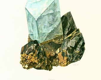 1970 Topaz Gem Print. Jewelry illustration. Minerals Wall Art. Vintage geology Illustration. SCI ART Print.