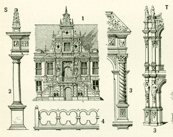 1897 Architecture styles, Large size, Churches, Castles, Roman, Gothic, Larousse, French vintage, Architecture gift