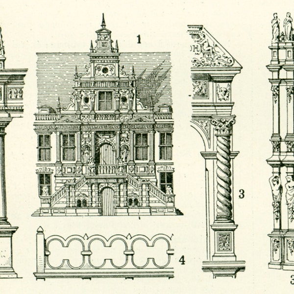 1897 Architecture styles, Large size, Churches, Castles, Roman, Gothic, Larousse, French vintage, Architecture gift