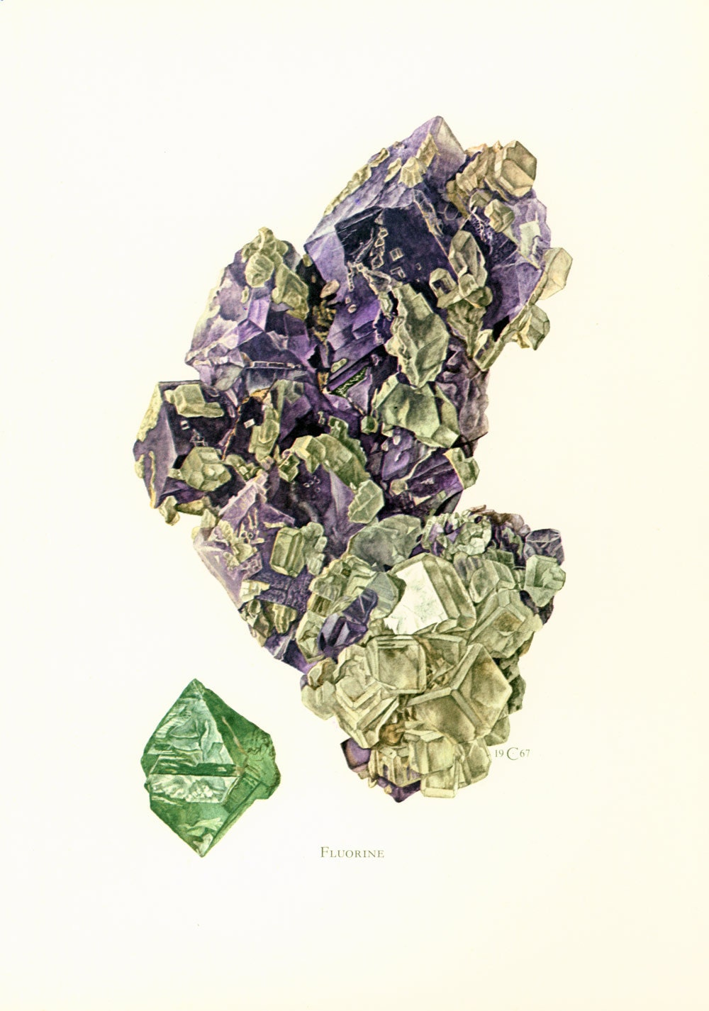 1970 Illustration Fluorine. Planche Originale Pierres Mineraux Roches Cristaux. Geologie. Decoration