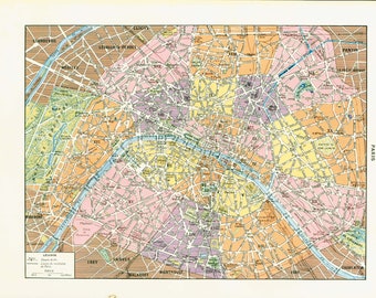 1897 Antique Paris Map, Districts of Paris, Souvenir of France, Larousse Print Large Size 115 YEARS OLD History Decor  Wall Art