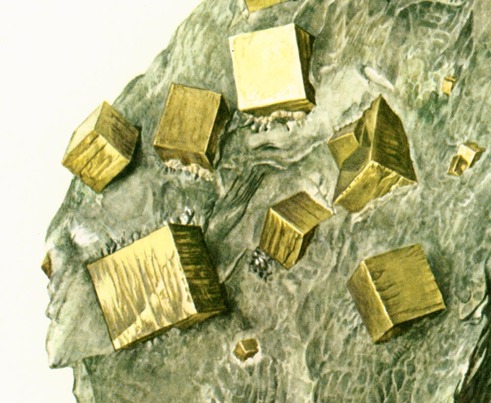 1970 Golden Pyrite Crystal Cube in Rock Matrix Illustration