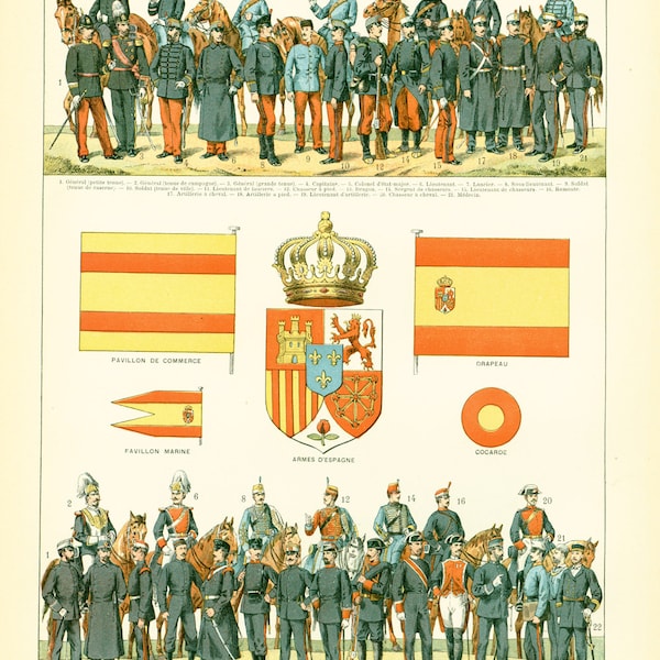 1897 Drapeau Espagne Armée Uniforme militaire Pavillon Marine Planche Originale  Nouveau Larousse illustré Grand Format 115 ans d'âge