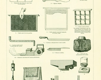 1922 Narzędzia pszczelarskie, podkurzacz, zasłona, karmnik dla pszczół, miód, stara ilustracja Edukacja rolnicza Larousse
