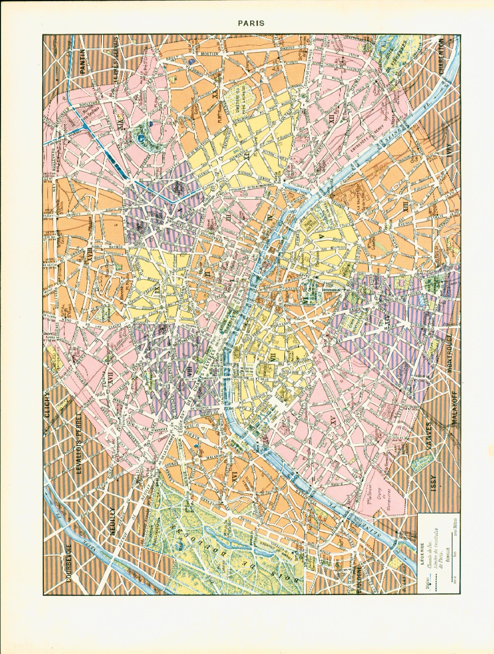 1933 Antique Paris Map, Districts of Paris, Souvenir of
