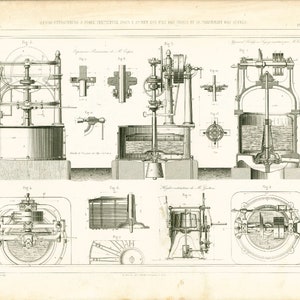 1851 Antique Mechanic Patent Print. Centrifuge machine. Cornwall system. Original Engraving. Design Armengaud. Antique textile industry