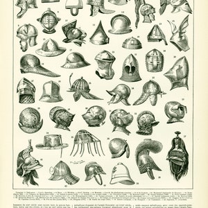 1897 Helmet Soldiers Army Military Antique Large Size illustration original Larousse print, french antique, framing
