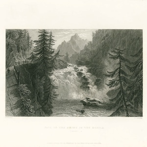 May include: A black and white engraving of a waterfall in a mountainous region. The waterfall is surrounded by trees and rocks. The caption reads "Fall of the Rhine in the Bosphora".