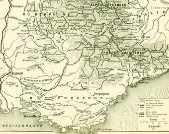 1897 Alps mountains Map Antique Print Larousse Large Size 115 Years Old History Decor  Wall Art