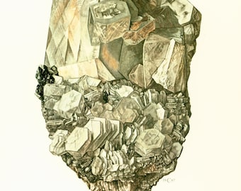 1970 Vintage Calcite Illustration. Antique Earth Science. Rocks Gemstone Minerals  Framing home decor