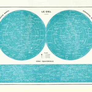 Mapa del cielo de 1933, constelaciones y estrellas, hemisferio sur y hemisferio norte, placa antigua, placa astronómica original.