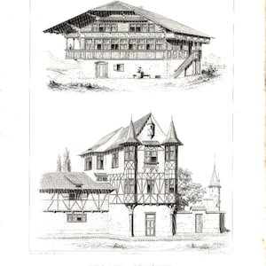 1861 Plans of Swiss chalets, Canton of Thurgau, Traditional wooden construction, Swiss architecture, 19th century engraving and lithography