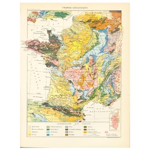 1922 Carte de France Géologique et physique, Planche Originale Larousse, Illustration 100 ans d'âge, Géographie, Géomorphologie, Reliefs