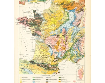 1922 France Map, Large size Antique Print, Physical and geological, French Larousse, 100 Years Old History Decor  Wall Art