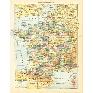 1897 Carte de la France Départements, Planche Originale Larousse Grand Format, Illustration 120 ans, Carte scolaire