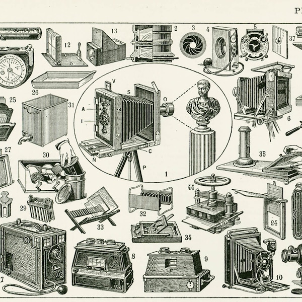 Cámaras antiguas de 1933 Fotografía Placa original Ilustración Larousse