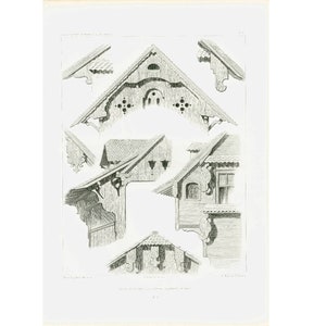 Puede incluir: Una ilustración en blanco y negro de varios detalles arquitectónicos, incluyendo líneas de techo, gabletes y tratamientos de ventanas. Los detalles están dibujados en un estilo detallado e intrincado, mostrando la artesanía de la carpintería tradicional.