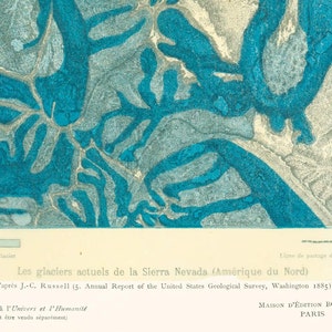 1908 Geologische Karte „Die Gletscher der Sierra Nevada“, USA, Originalplatte Geographie Geologie