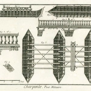 Peut inclure: Un dessin au trait noir et blanc d'un plan de construction de pont militaire. Le dessin montre les différentes parties du pont, y compris les bateaux, les poutres et les supports. Le dessin est étiqueté avec des chiffres et des lettres pour identifier les différentes parties. Le dessin est intitulé "Charpente, Pont Militaire."
