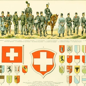1897 Flags Uniforms Map Swiss Switzerland Army History Antique Print Larousse Large Size 115 Years Old History Decor  Wall Art