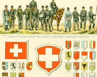 1897 Flags Uniforms Map Swiss Switzerland Army History Antique Print Larousse Large Size 115 Years Old History Decor  Wall Art