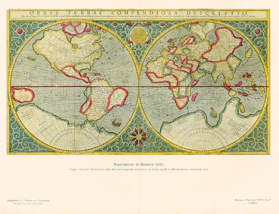 1908年メルカトル図法の世界地図アンティークプレート、16世紀の地球