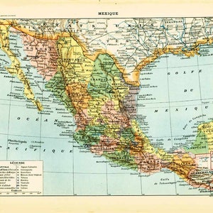 1897 Antique Map of Mexico United Mexican States Larousse Print Large Size 115 YEARS OLD History Decor  Wall Art