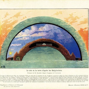 1908 Il sistema del mondo secondo i babilonesi Cielo Terra Illustrazione antica Tavola originale Astronomia