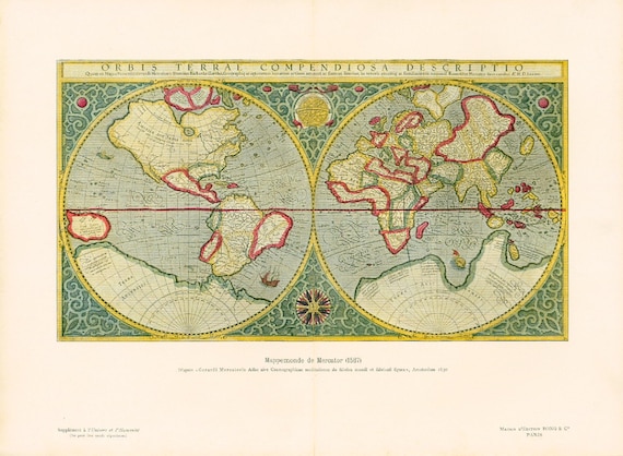 1908年メルカトル図法の世界地図アンティークプレート、16世紀の地球
