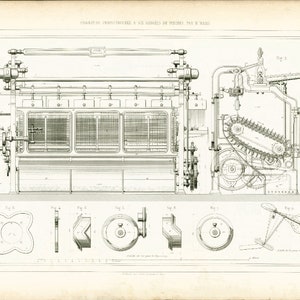 1843 Patent hackling and spinning of flax  Flax Fiber Print Manufacturing Machinery Factory Decor Technical Design Industrial Wall Art