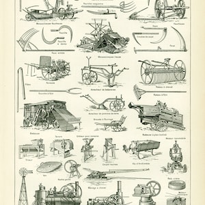 Puede incluir: Una ilustración vintage en blanco y negro de diversas herramientas y equipos agrícolas, incluyendo arados, rastrillos, trilladoras y una locomotora de vapor. La imagen está etiquetada como "Agriculture (Instruments de Récolte et Moteurs)" e incluye etiquetas de texto en francés para cada herramienta.