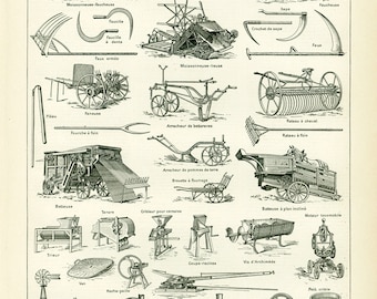 1897 Agriculture Tools Large size antique print Combine Harvester Bagging Hook Plow Harvest french antique illustration